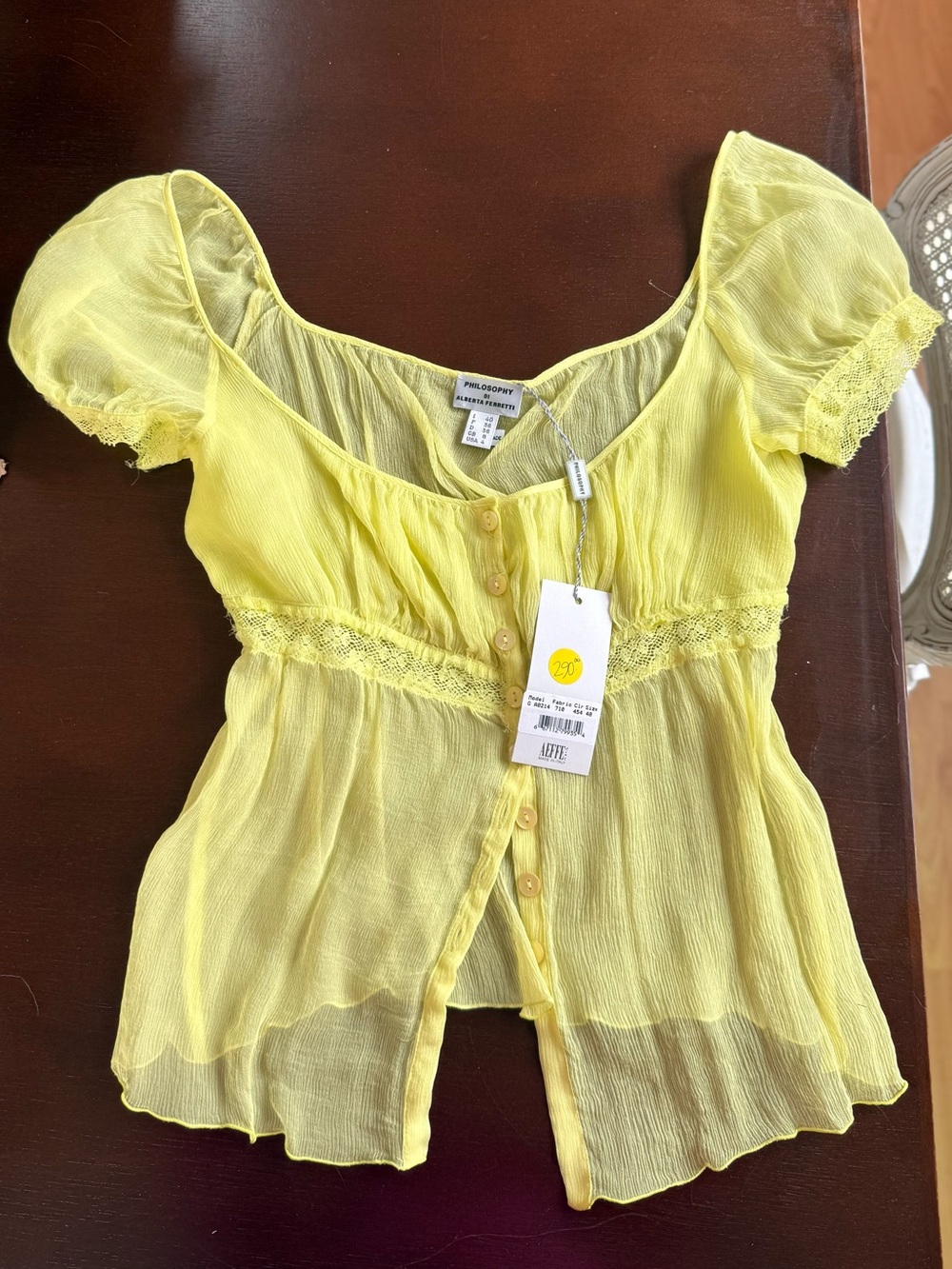 Alberta Ferretti Yellow Sheer Button-Front Peasant Top